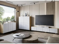 Mueble de TV moderno de 190 cm color artisan con patas para salón, frentes MDF blancos ranurados, 4 puertas abatibles