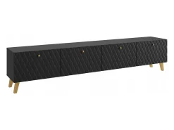 Mueble de TV moderno de 190 cm negro mate, patas y tiradores dorados, frentes MDF fresados en rombos