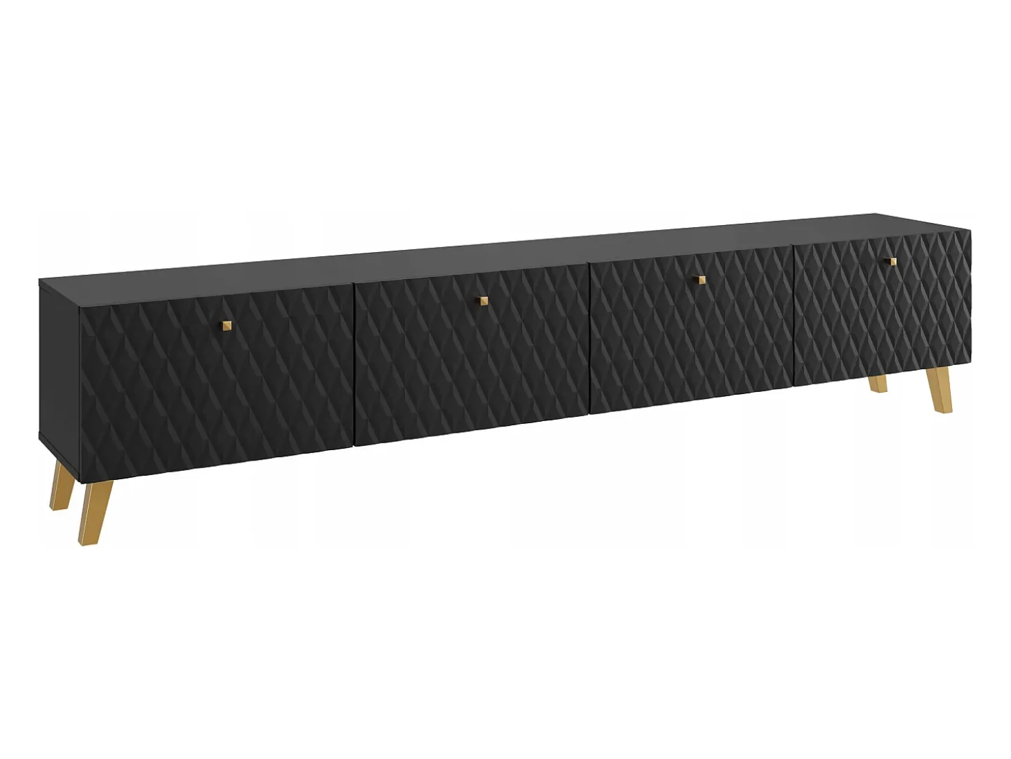 Mueble de TV moderno de 190 cm negro mate, patas y tiradores dorados, frentes MDF fresados en rombos