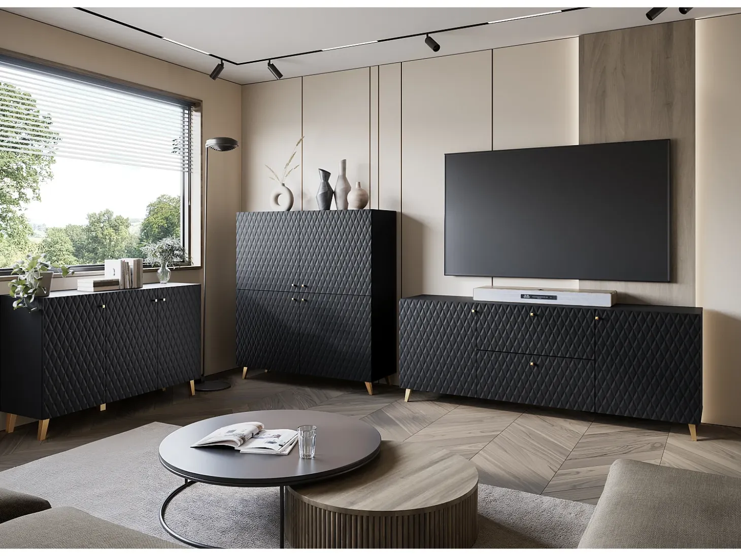Mueble de TV moderno de 190 cm negro mate, patas y tiradores dorados, frentes MDF fresados en rombos