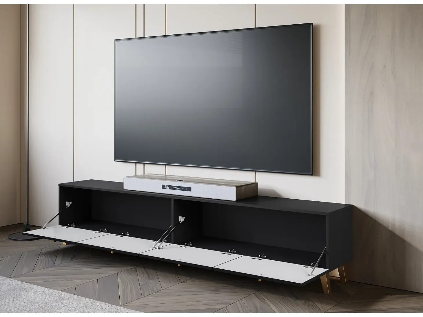 Mueble de TV moderno de 190 cm negro mate, patas y tiradores dorados, frentes MDF fresados en rombos