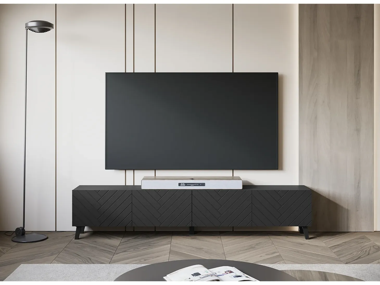 Mueble de TV moderno de 190 cm con patas para salón, grafito negro mate, frentes MDF fresados en espiga