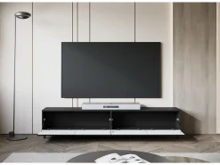 Mueble de TV moderno de 190 cm con patas para salón, grafito negro mate, frentes MDF fresados en espiga
