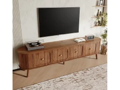 Mueble de TV moderno 180x38x47 cm - 4 puertas - asas doradas - patas de madera - marrón