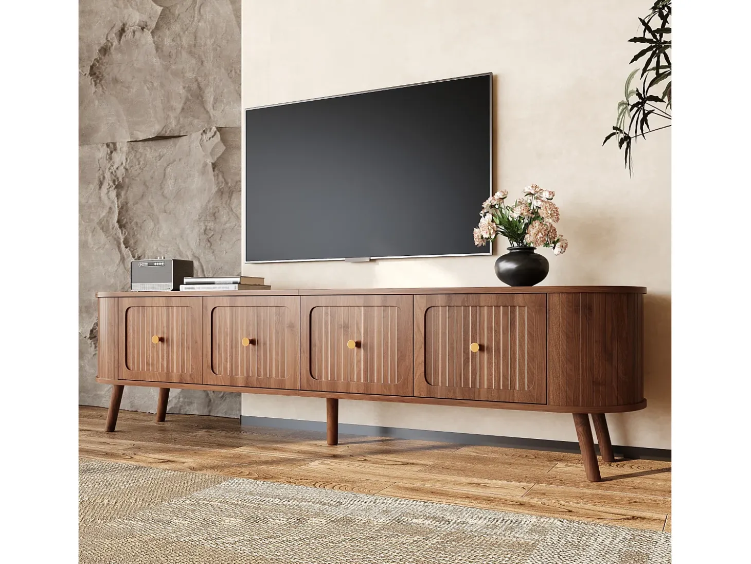 Mueble de TV moderno 180x38x47 cm - 4 puertas - asas doradas - patas de madera - marrón