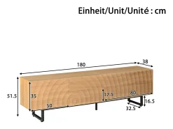 Mueble de TV moderno 180x38x51,5 cm - 2 puertas y 2 cajones - Acabado de madera con vetas onduladas - Tableros de partículas - Natural