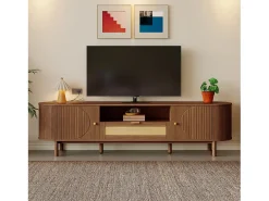 Mueble de TV moderno 175x36x51 cm - 1 cajón de ratán y 2 puertas - Estantes abiertos - Marrón