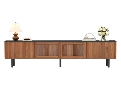 Mueble de TV moderno 190x35x45 cm - 4 puertas de persiana - ángulos redondeados - patas de hierro - MDF - marrón
