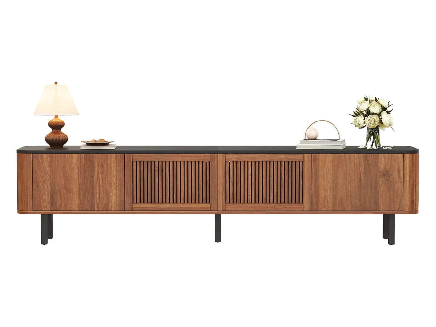 Mueble de TV moderno 190x35x45 cm - 4 puertas de persiana - ángulos redondeados - patas de hierro - MDF - marrón