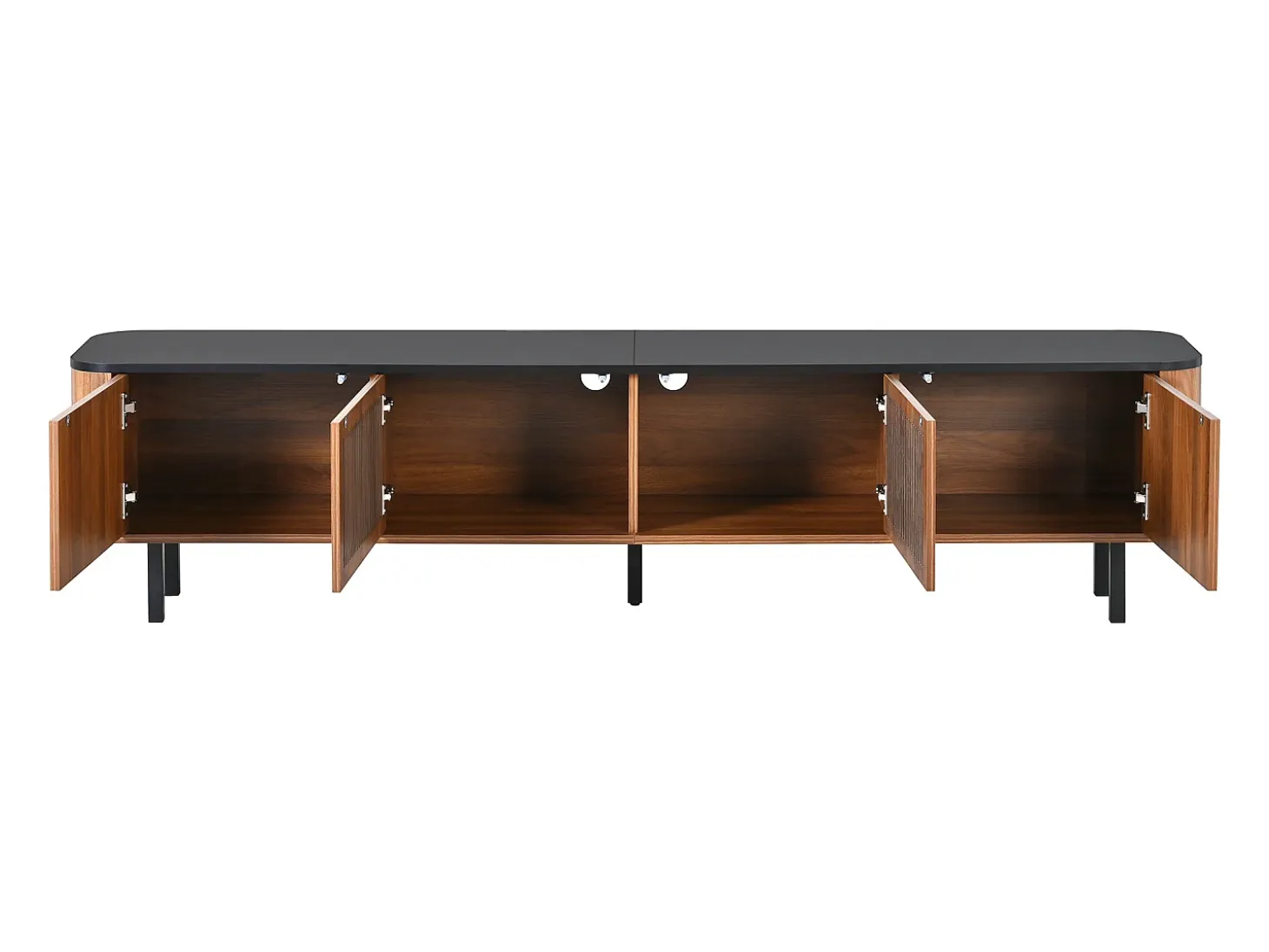 Mueble de TV moderno 190x35x45 cm - 4 puertas de persiana - ángulos redondeados - patas de hierro - MDF - marrón