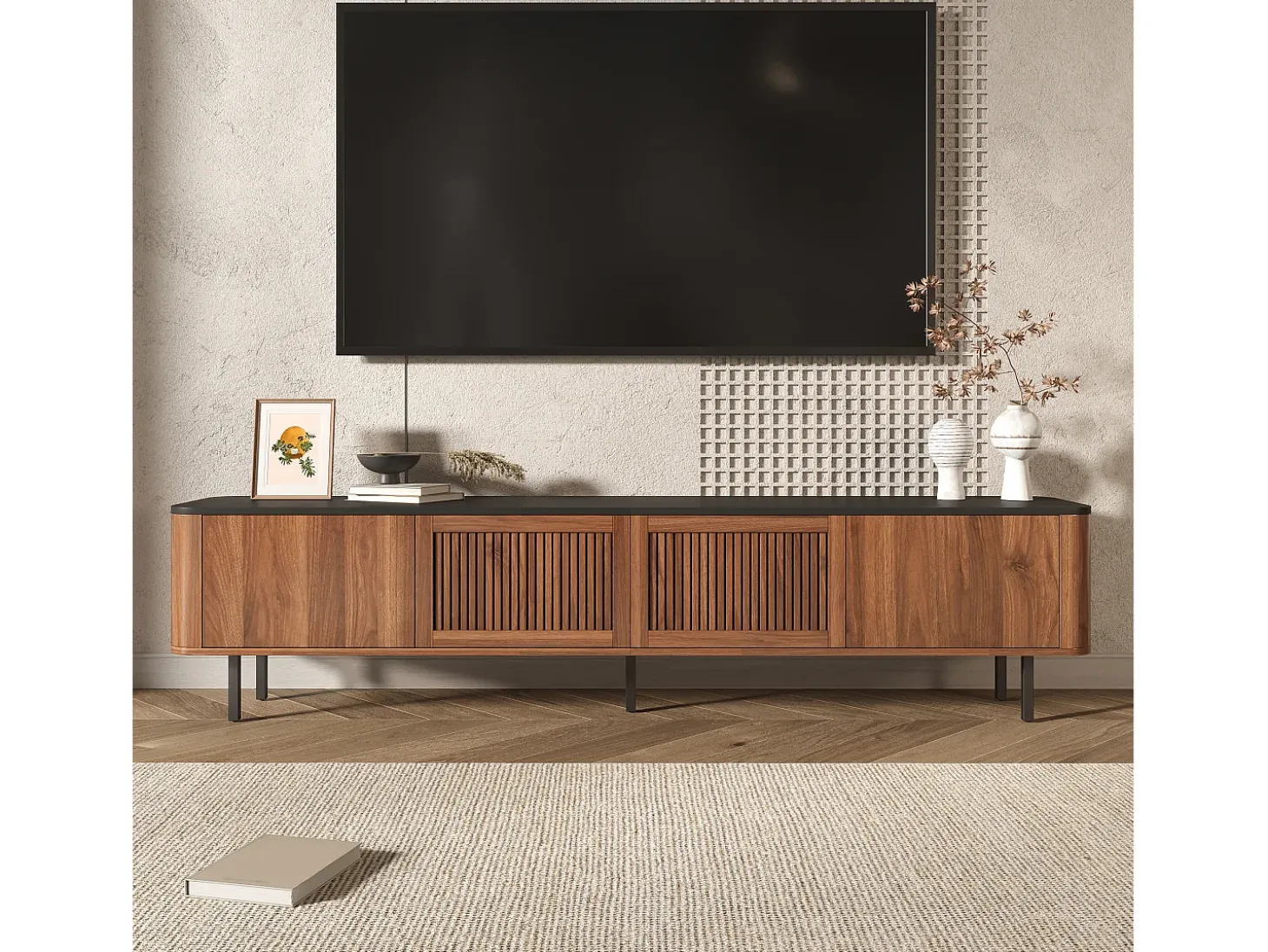 Mueble de TV moderno 190x35x45 cm - 4 puertas de persiana - ángulos redondeados - patas de hierro - MDF - marrón