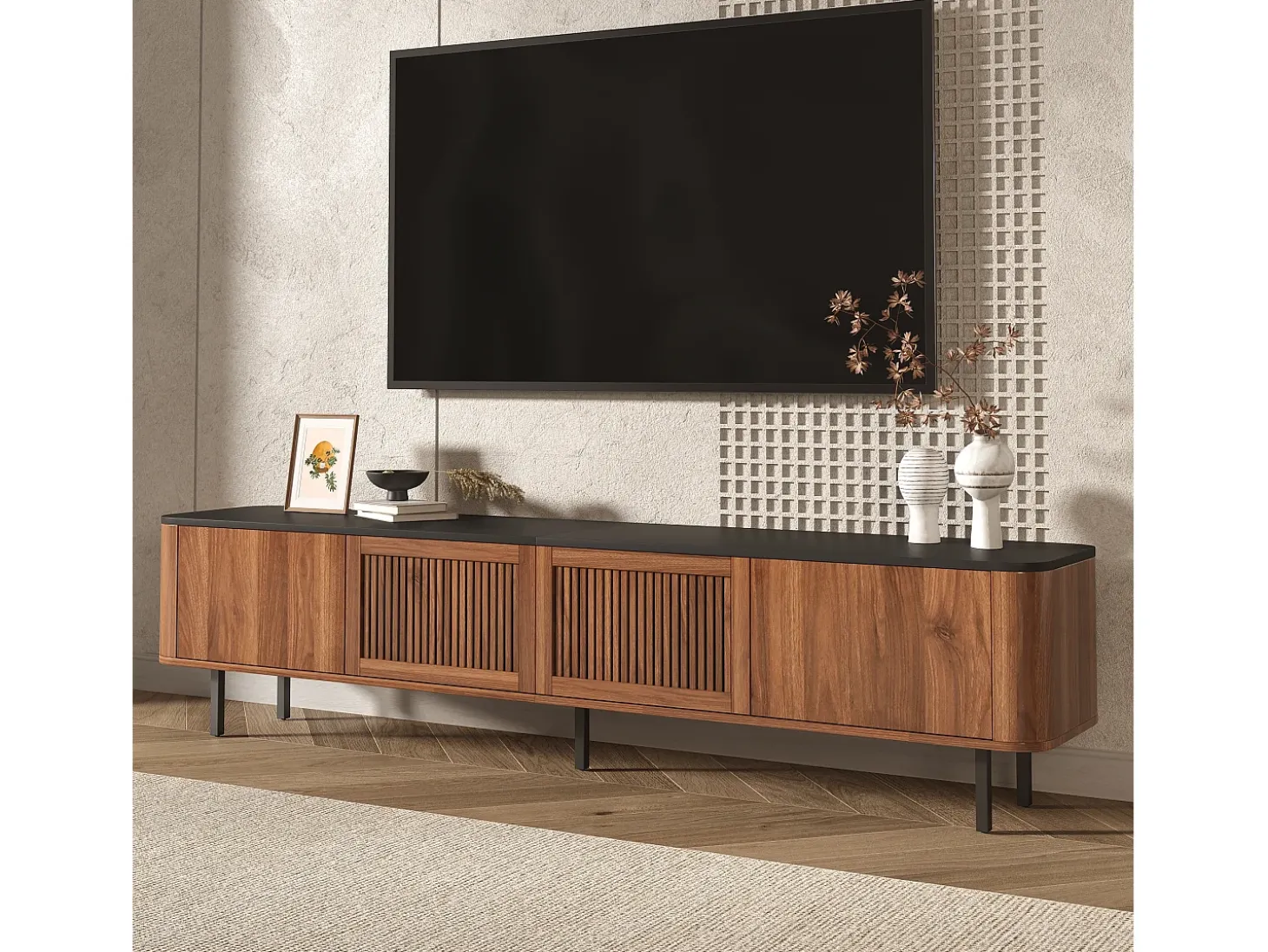 Mueble de TV moderno 190x35x45 cm - 4 puertas de persiana - ángulos redondeados - patas de hierro - MDF - marrón
