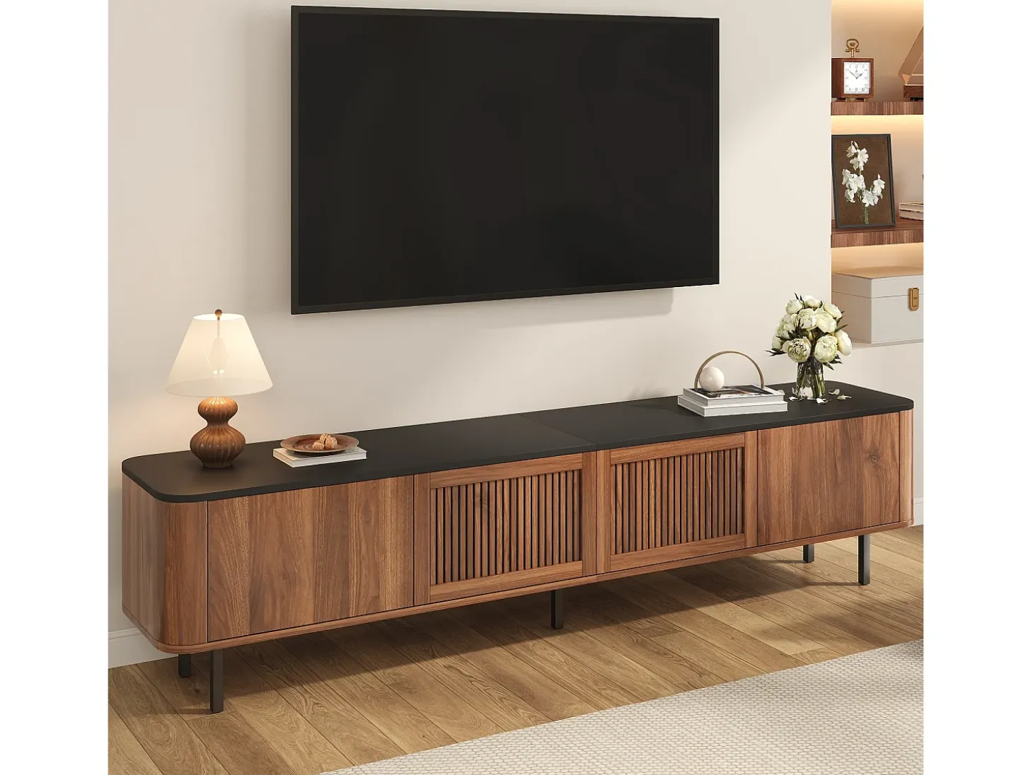Mueble de TV moderno 190x35x45 cm - 4 puertas de persiana - ángulos redondeados - patas de hierro - MDF - marrón