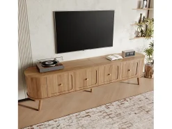 Mueble de TV moderno 180x38x47 cm - 4 puertas - asas doradas - patas de madera - natural