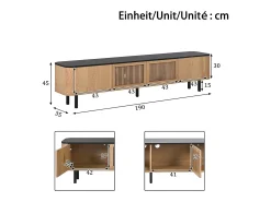 Mueble de TV moderno 190x35x45 cm - 4 puertas de persiana - ángulos redondeados - patas de hierro - MDF - natural