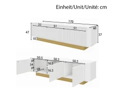 Mueble de TV moderno 170x40x47cm - diseño redondo - 3 puertas - estantes ajustables - blanco