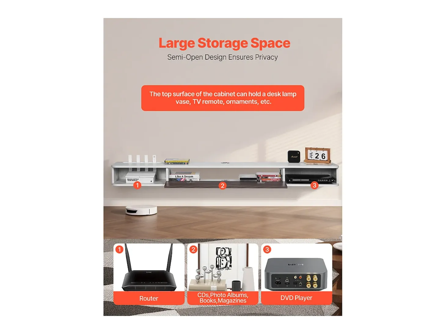 Mueble de TV Montado en la Pared SucceBuy Soporte de TV de Pared de 180 cm, Consola Multimedia con Organizador de Cables, Estante Moderno de Aglomerado