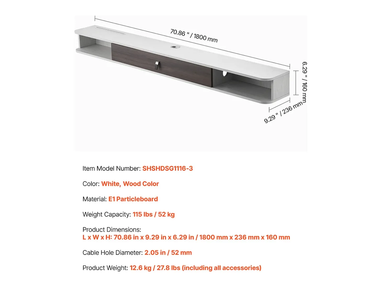 Mueble de TV Montado en la Pared SucceBuy Soporte de TV de Pared de 180 cm, Consola Multimedia con Organizador de Cables, Estante Moderno de Aglomerado