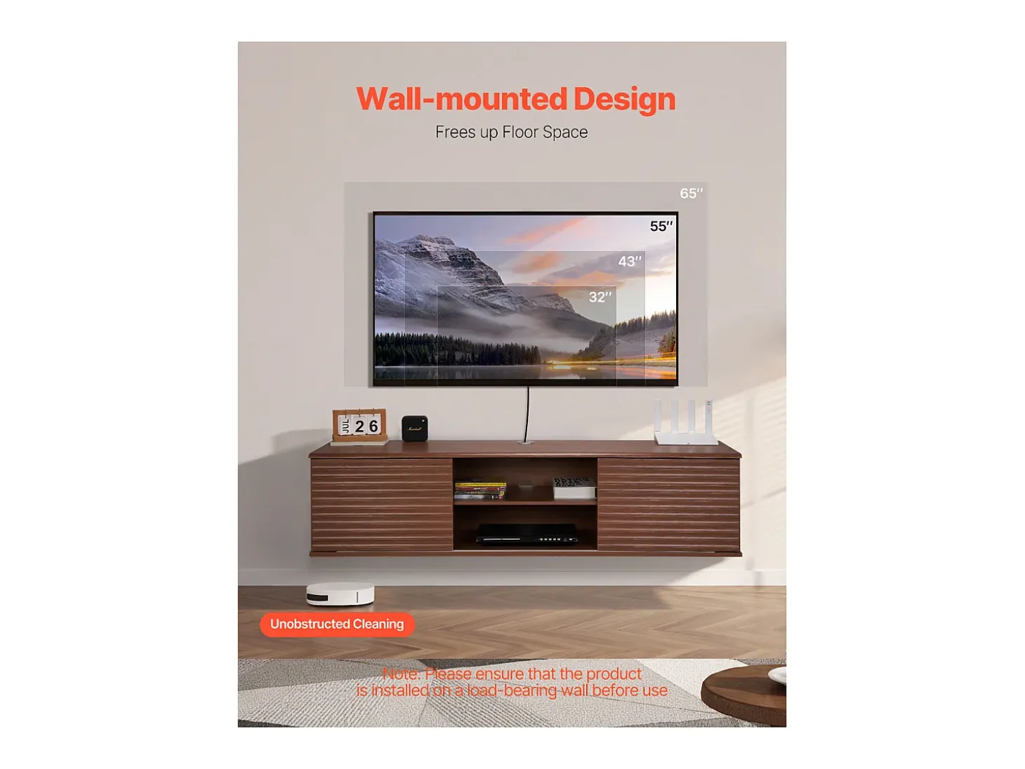 Mueble de TV Montado en la Pared SucceBuy Soporte de TV Flotante de Pared de 152 cm, Consola Multimedia con Estantes Ajustables, Mueble de Almacenamiento