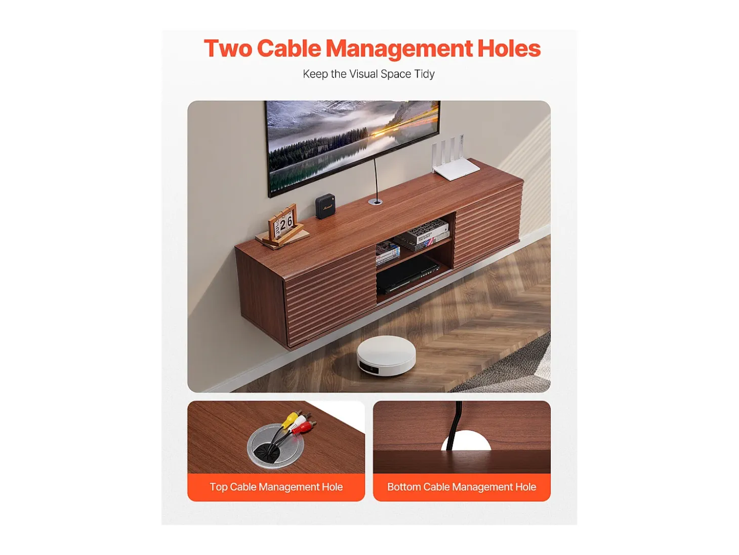 Mueble de TV Montado en la Pared SucceBuy Soporte de TV Flotante de Pared de 152 cm, Consola Multimedia con Estantes Ajustables, Mueble de Almacenamiento