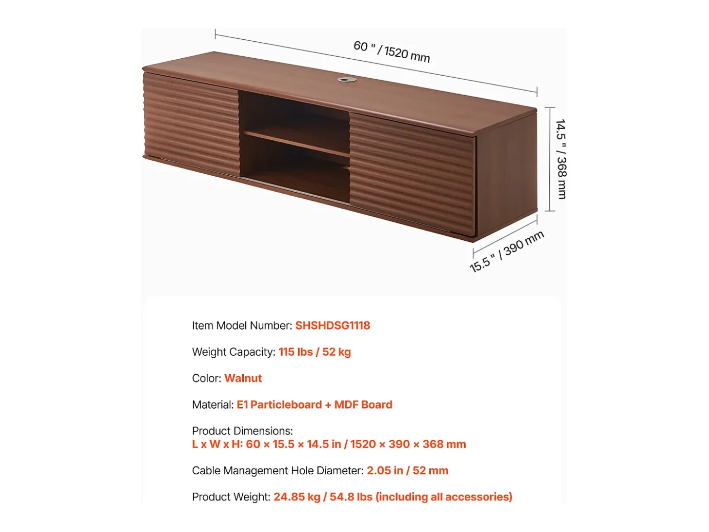 Mueble de TV Montado en la Pared SucceBuy Soporte de TV Flotante de Pared de 152 cm, Consola Multimedia con Estantes Ajustables, Mueble de Almacenamiento