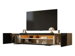 Mueble de TV mural 180x37x36cm - con 2 puertas - con iluminación LED - para televisor de 75" - negro y natural