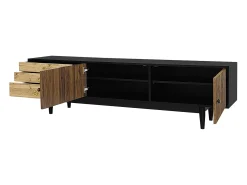 Mueble de TV negro y madera - Mueble de TV con 2 puertas y 3 cajones - tiradores de aro dorados y estampado ondulado
