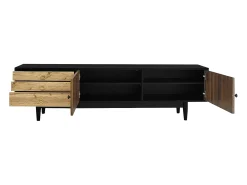Mueble de TV negro y madera - Mueble de TV con 2 puertas y 3 cajones - tiradores de aro dorados y estampado ondulado