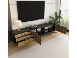 Mueble de TV negro y madera - Mueble de TV con 2 puertas y 3 cajones - tiradores de aro dorados y estampado ondulado