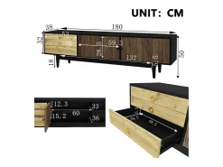 Mueble de TV negro y madera - Mueble de TV con 2 puertas y 3 cajones - tiradores de aro dorados y estampado ondulado