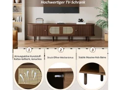 Mueble de TV ovalado - 180 x 40 x 40 cm - diseño de ratán - con 2 puertas correderas + 2 puertas - MDF - marrón