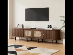 Mueble de TV ovalado - 180 x 40 x 40 cm - diseño de ratán - con 2 puertas correderas + 2 puertas - MDF - marrón