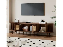 Mueble de TV ovalado - 180 x 40 x 40 cm - diseño de ratán - con 2 puertas correderas + 2 puertas - MDF - marrón