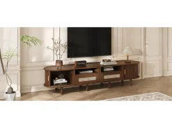 Mueble de TV ovalado con 2 cajones de ratán + 2 puertas correderas - 170 x 40 x 40 cm - MDF + metal - natural oscuro