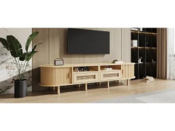 Mueble de TV ovalado con 2 cajones de ratán + 2 puertas correderas - 170 x 40 x 40 cm - MDF + metal - natural