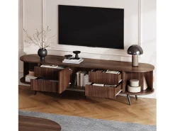 Mueble de TV ovalado con rayas verticales - 180 x 40 x 45 cm - con 4 cajones + 2 puertas correderas - MDF - nogal oscuro