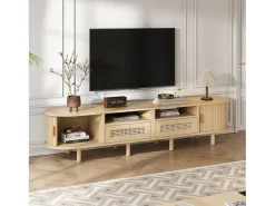 Mueble de TV ovalado, mueble de TV de 170 cm con 2 cajones de ratán y 2 puertas correderas - color natural