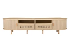 Mueble de TV ovalado, mueble de TV de 170 cm con 2 cajones de ratán y 2 puertas correderas - color natural