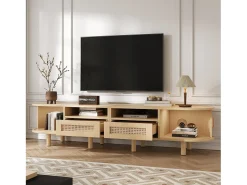 Mueble de TV ovalado, mueble de TV de 170 cm con 2 cajones de ratán y 2 puertas correderas - color natural