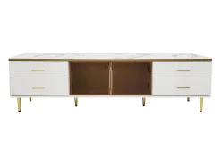 Mueble de TV para salón con 2 puertas y 4 cajones - LED - aspecto mármol - vidrio marrón y metal dorado - blanco