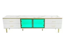 Mueble de TV para salón con 2 puertas y 4 cajones - LED - aspecto mármol - vidrio marrón y metal dorado - blanco
