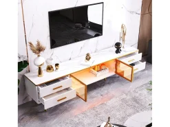 Mueble de TV para salón con 2 puertas y 4 cajones - LED - aspecto mármol - vidrio marrón y metal dorado - blanco