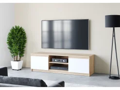 Mueble de TV sencillo 120 cm, para televisor, 2 armarios y estantes, cuerpo roble sonoma, frentes blanco mate