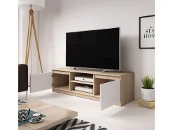 Mueble de TV simple 120 cm con LED, para televisor, 2 armarios y estantes, estructura roble sonoma, frentes blanco mate