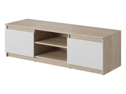 Mueble de TV simple 120 cm con LED, para televisor, 2 armarios y estantes, estructura roble sonoma, frentes blanco mate