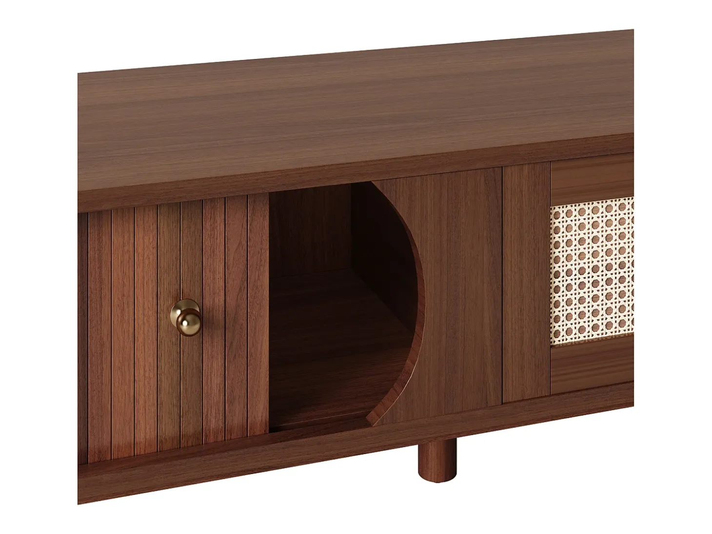 Mueble de TV vintage de nogal con 2 puertas de madera natural y 1 cajón de ratán, 170 x 39,5 x 38 cm