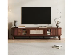 Mueble de TV vintage de nogal con 2 puertas de madera natural y 1 cajón de ratán, 170 x 39,5 x 38 cm