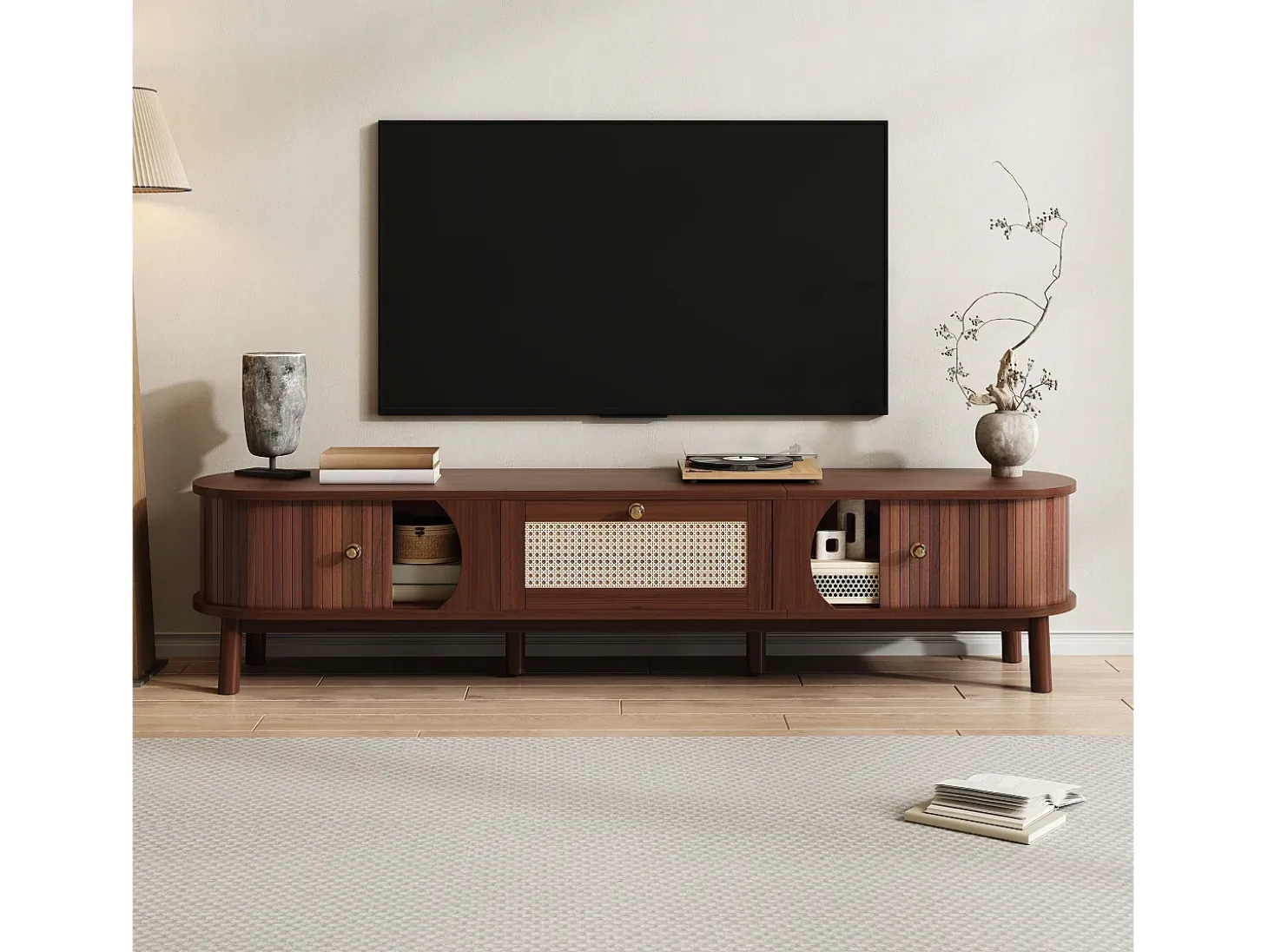 Mueble de TV vintage de nogal con 2 puertas de madera natural y 1 cajón de ratán, 170 x 39,5 x 38 cm