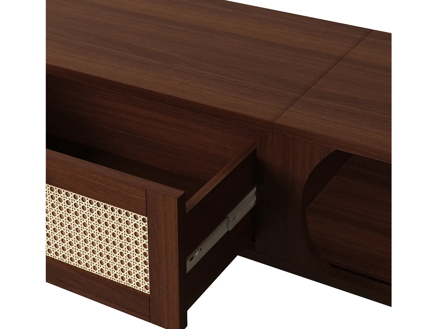 Mueble de TV vintage de nogal con 2 puertas de madera natural y 1 cajón de ratán, 170 x 39,5 x 38 cm