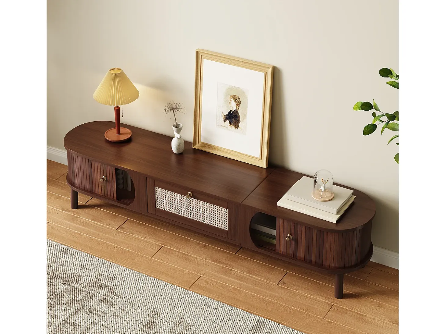 Mueble de TV vintage de nogal con 2 puertas de madera natural y 1 cajón de ratán, 170 x 39,5 x 38 cm